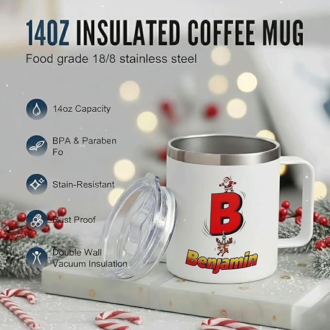 Personalized Christmas Mug with Initial & Name - Funny Santa & Reindeer Custom 12oz Insulated Stainless Steel Coffee Cup Tumbler with Handle & Lid - Unique Holiday Xmas Gifts for Kids (B151) - Bloomnest