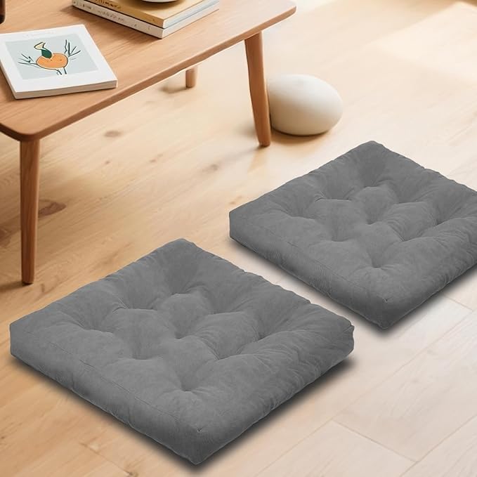 Meditation Floor Pillow Set of 2, Square Large Pillows Seating for Adults, Tufted Corduroy Cushion for Tatami Living Room, 22x22 Inch FP-Grey