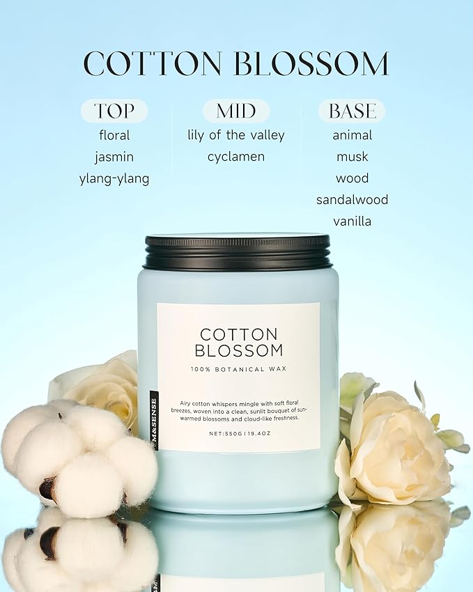 M&SENSE Clean Cotton Scented Candle - 19.4oz Natural Soy Wax Clean Cotton Blossom Scent Non Toxic Candle, 110-Hour Slow Burning 2-Wick Aromatherapy Home Fragrance Gifts for Home Decor - Bloomnest
