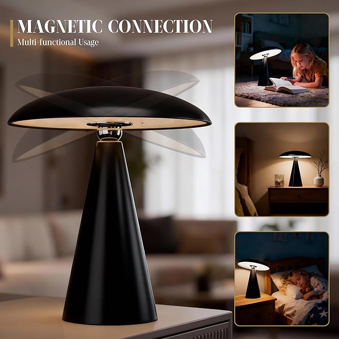 Mushroom Aesthetic Cute Lamp,Magnetic Mid Century Modern Lamp with 3-Mode Lighting for Unique Home Mushroom Decor,Cordless USB Rechargeable Lamps for Bedside/Dorm/Office/Entryway Decor(Black) - Bloomnest