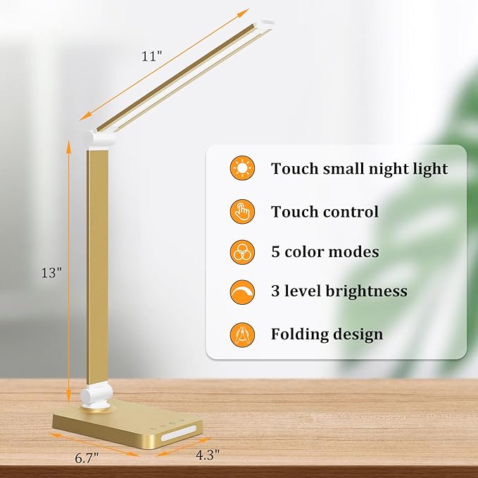 LED Desk Lamp with USB Ports,Touch Desk Lamps for Home Office with 5 Color Modes,3 Brightness Desk Light with Small Night Light,Reading Lamp Table Lamp for Bedroom Bedside Study Gold （with Adapter） - Bloomnest
