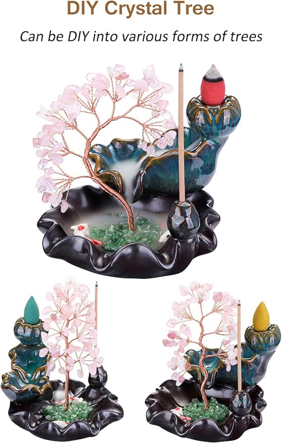 Jovivi Backflow Incense Burner Ceramic Incense Waterfall, Natural Rose Quartz Healing Crystal Money Tree Incense Holder for Wealth, Good Luck, Yoga Meditation, Home Decor - Bloomnest