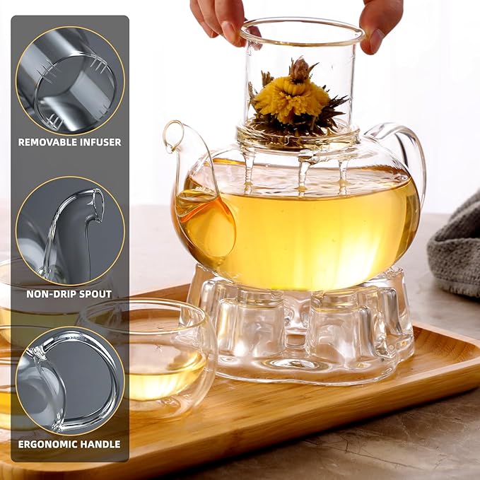 Glass Teapot Set, 34OZ/1000ML Glass Tea Kettle with Loose Tea Infuser & Warmer, 5OZ/150ML Double-Wall Tea Cup Set of 4, Stovetop & Microwave Safe Tea Maker, Blooming Tea Gift Set For Women - Bloomnest