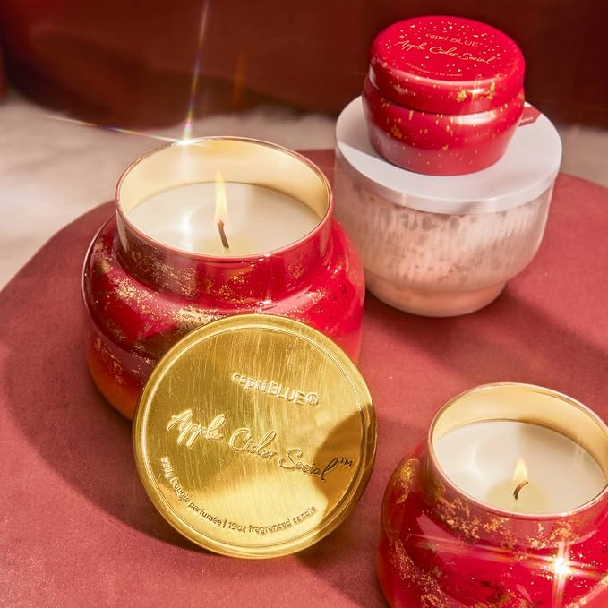 Capri Blue Scented Candles - Glimmer Collection - Ombre Glass Candle Holder - Luxury Apple Candles for Women & Men - Signature Jar in Cranberry Red and Gold (Apple Cider Social, 19 oz) - Bloomnest