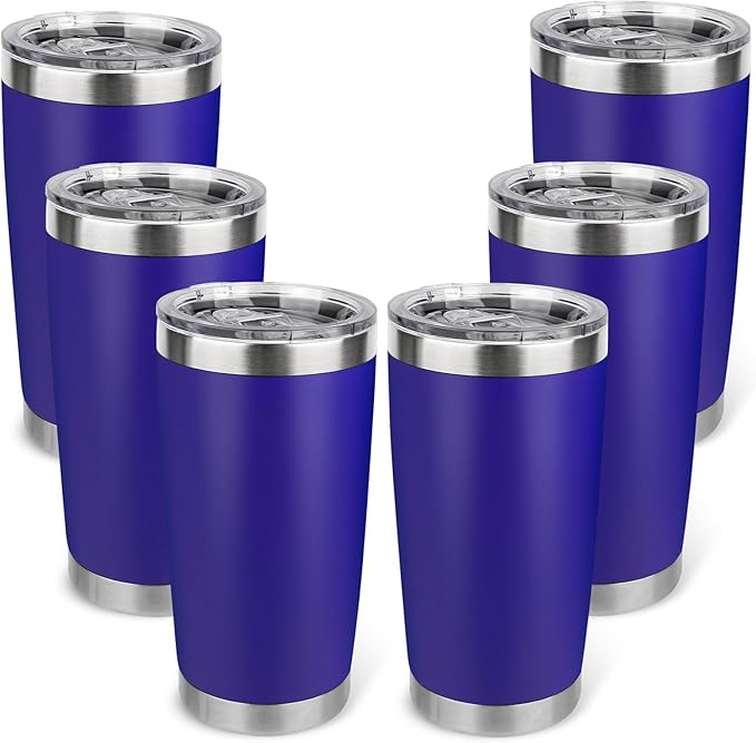 20oz Stainless Steel Tumbler Bulk with Lid, Travel Mug - Double Wall Vacuum Powder Coated Cup - Dark Blue, 6 Pack - Bloomnest
