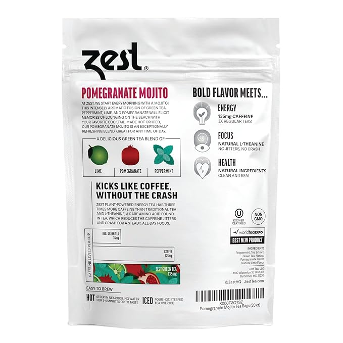 Zest Energy Green Tea – Pomegranate Mojito High Caffeine Tea Bags for Focus & Morning Energy – Natural Caffeinated Tea with 135mg Caffeine – Coffee Substitute – 20Ct Pack, Non-GMO & Keto Friendly - Bloomnest