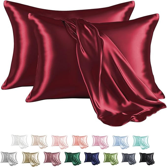MR&HM Satin Pillowcase for Hair and Skin, Silk Satin Pillowcase 2 Pack, Standard Size Pillow Cases Set of 2, Silky Pillow Cover with Envelope Closure (20x26, Burgundy) - Bloomnest