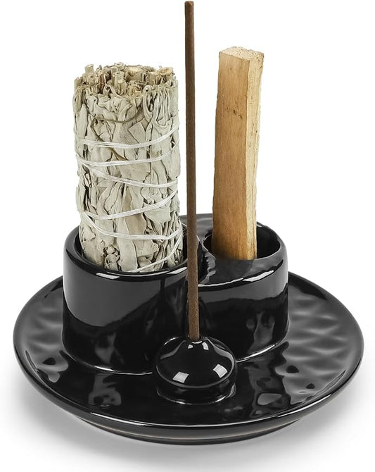 Palo Santo Sticks Holder, Multi-Purpose Handmade Ceramic Incense Burner for Palo Santo Incense Sticks, Sage Holder for Burning, Ash Catcher Tray for Meditation Yoga Room (Black) ToolSentryX