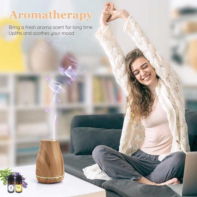 Aromatherapy Essential Oil Diffuser for Room: 100ml Air Humidifier Aroma Scent Cool Mist Diffusers Colorful Light Cute Mini Small Waterless Auto Off Ultrasonic for Home Bedroom (Yellow Wood Grain) - Bloomnest
