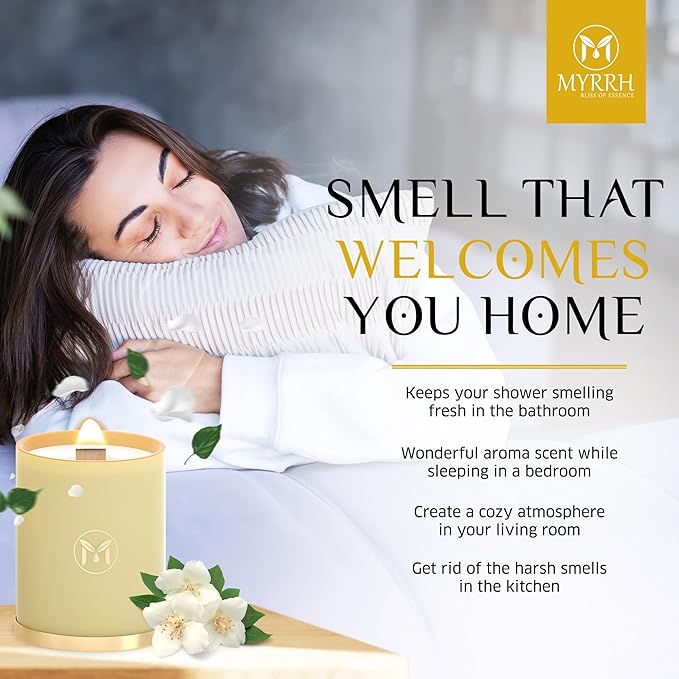 MyrrhUSA Arabian Jasmine Scented Candle – 15oz Natural Soy Wax with Crackling Wooden Wick & Essential Oil | 80 Hour Burn | Luxury Aromatherapy Candle for Relaxation, Home Décor, Living Room & Bathroom - Bloomnest