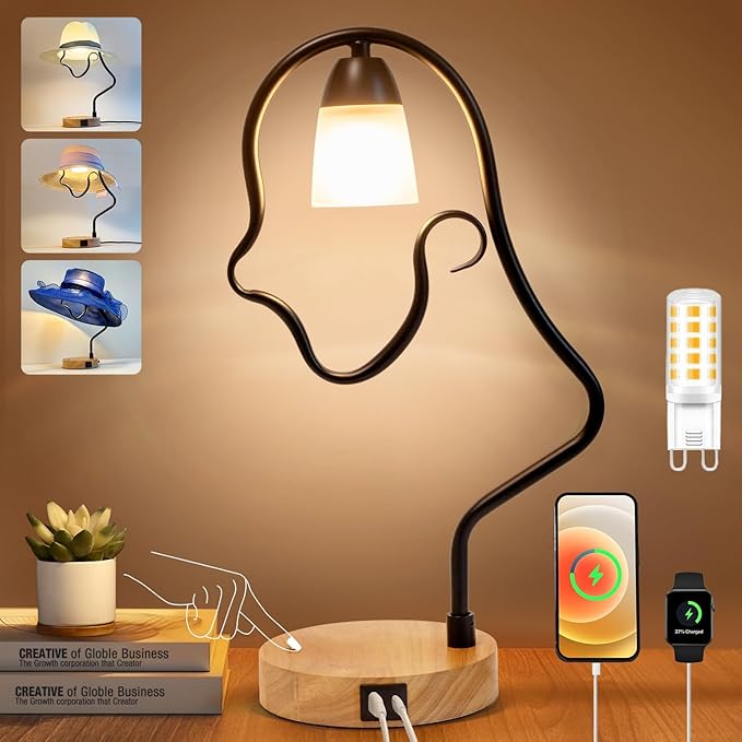 Touch Control Modern Table Lamp - Creative Hat Desk Lamp with USB C and A Ports, Cute Bedside Lamp, Wooden Base,Glass Shade, Unique Lamps for Home Decor, Living Room, Gifts (Hat Not Included) - Bloomnest