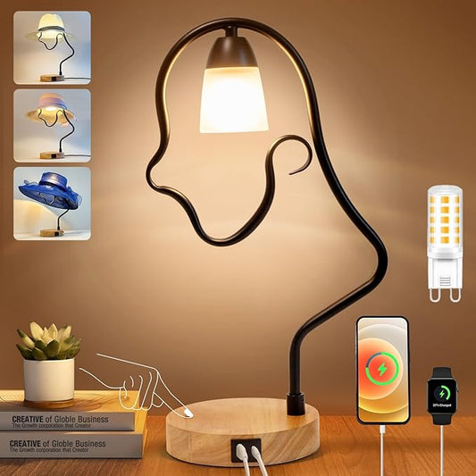 Touch Control Modern Table Lamp - Creative Hat Desk Lamp with USB C and A Ports, Cute Bedside Lamp, Wooden Base,Glass Shade, Unique Lamps for Home Decor, Living Room, Gifts (Hat Not Included) - Bloomnest