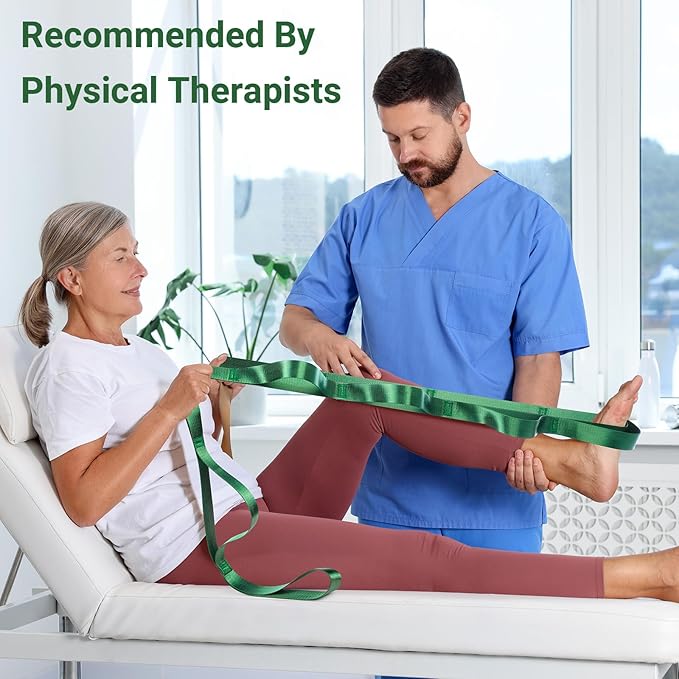 Stretch Strap With Loops For Physical Therapy, Yoga Straps For Stretching With Loops, Non-elastic Leg Straps For Knee Rehab, 8 ft Long x 1.2 inch Wide - Bloomnest