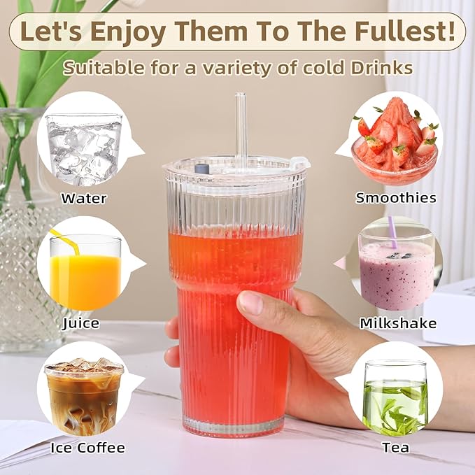20OZ Glass Tumbler with Straw and Lid,Glass Cups with Lids and Straws,4PCS Ribbed Iced Coffee Cups Vintage Glassware for Juice Whiskey Cocktail Beer