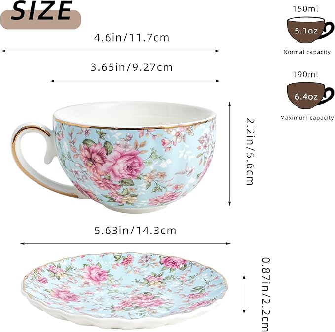 Tea Cup and Saucers, 6.4oz Floral Tea Cups with Gold Trim, Porcelain Teacup, Coffee Cappuccino Espresso Latte Mugs for Party Birthday,Party Cafe Home, Christmas Gift (Blue) - Bloomnest