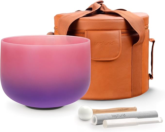 TOPFUND Pink Purple 432 Hz F Note Crystal Singing Bowl Heart Chakra with Carrying Case and Suede Mallet