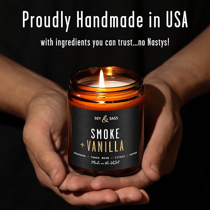 Smoke and Vanilla Candle I Scented Black Candles for Men or Women - Fire Wood, Vanilla & Smoke Soy Wax Mens Candle - Infused w/Essential Oils | Long-Lasting 50Hr Burn, 9oz I Non Toxic I Made in USA - Bloomnest