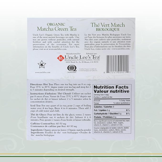 Uncle Lee's Organic Matcha Green Tea Bags, 40 Count – Antioxidant-Rich, Low Caffeine, Naturally Energizing Blend - Bloomnest
