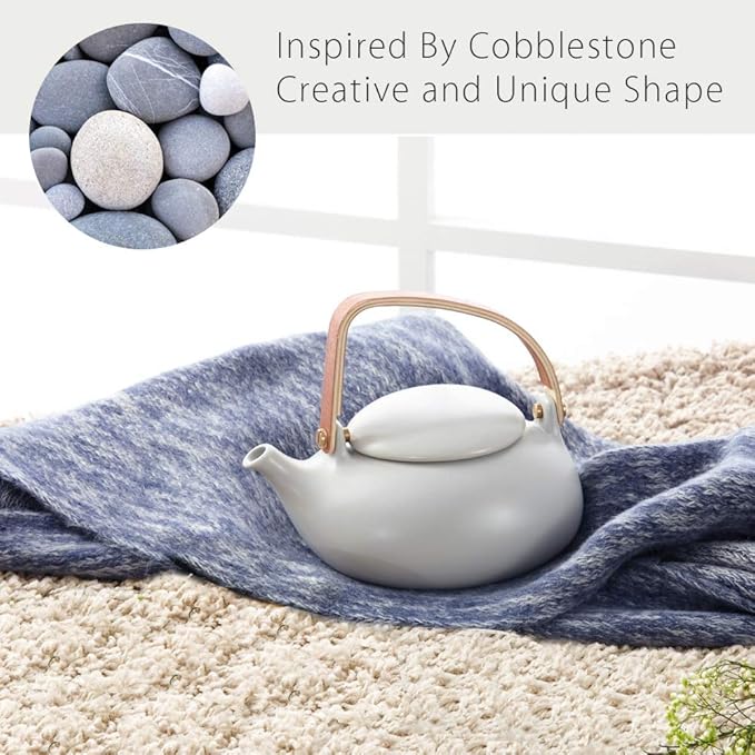 ZENS Vintage Japanese Teapot with Strainer, 27oz Matte Ceramic Loose Leaf Teapot with Infuser, Wood Handle Gray Japanese Teapots Hot Tea Brewer Pot for Women, Tea Lovers Gifts - Bloomnest