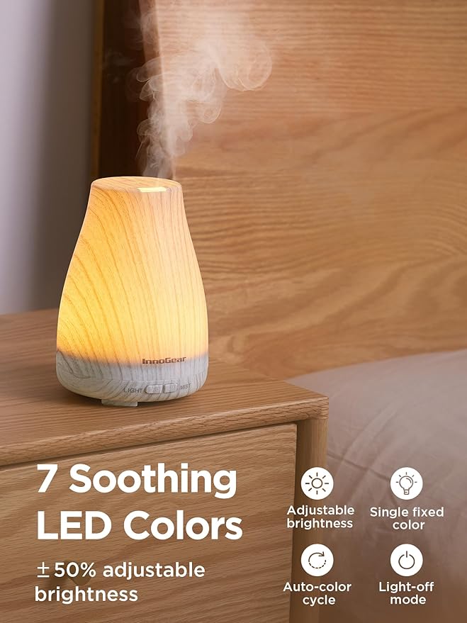 InnoGear Essential Oil Diffuser, Ultrasonic Diffusers for Home Aromatherapy Humidifier for Bedroom Room 7 Colors LED 2 Mist Mode Auto Off, White Grey - Bloomnest