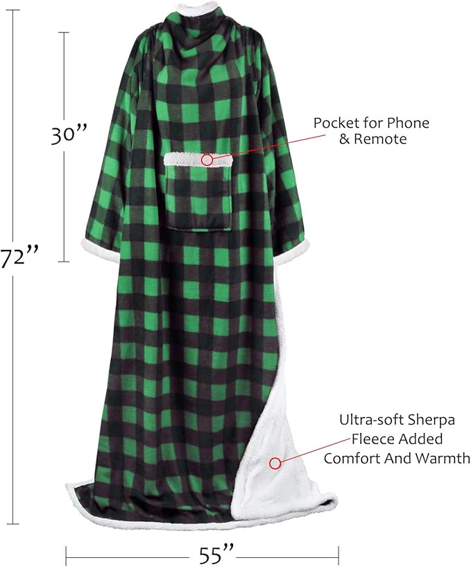 Tirrinia Sherpa Wearable Blanket With Sleeves, Full Body Throw Reading Wrap TV Blankets - Bloomnest