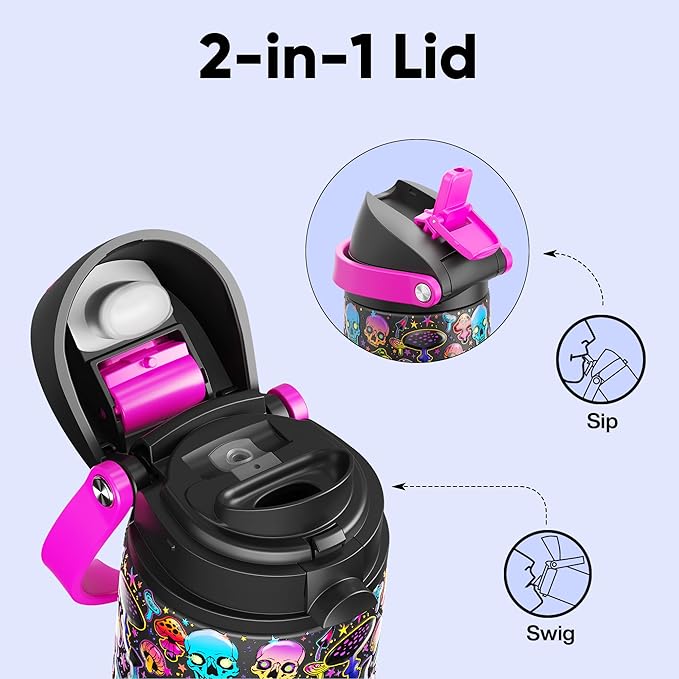 Insulated Water Bottle with Straw - Encool Stainless Steel Water Bottle with Push Button Lid, Leak-Proof & BPA-Free, Keeps Cold for 24 Hours for Sports, Travel, Gym (24 oz, Trippy Skulls) ENCOOL
