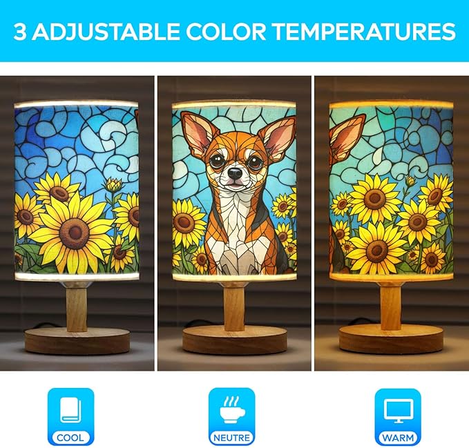 Chihuahua Table Lamp LED 3-Color Pressed Bedside, Dog Shade Lamp with Wood Base for Bedroom Living Room Desk Office - Bloomnest