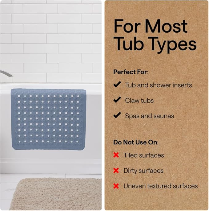 GORILLA GRIP Patented Bath Tub Shower Mat, Machine Washable Bathtub Floor Liner Mats, Suction Cups and Drain Holes to Keep Tubs Clean, Soft on Feet, Bathroom Essentials, 35x16 Inch, Sky Blue Opaque - Bloomnest