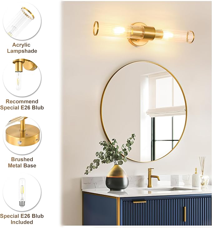 Gold Battery Operated Wall Sconces Set of Two, Rechargeable Wall Sconce with Dimmable Remote Control, 20 Inch Wireless Sconce Wall Light for Bedroom, Living Room (Bulbs Included) - Bloomnest