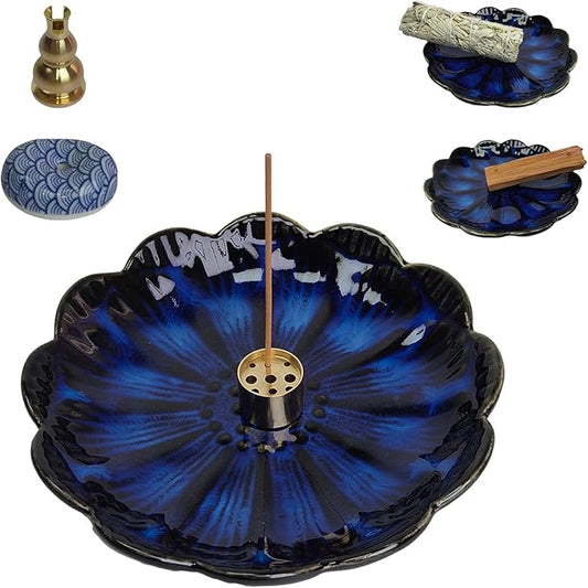 Ceramic Incense Holder for Sticks, Handmade Incense Burner Trays with 3 Pcs Incense Holes, Multi-Purpose Ash Catcher for Coils, White Sage & Palo Santo, Smudge Bowl for Meditation Yoga Decor (Blue)