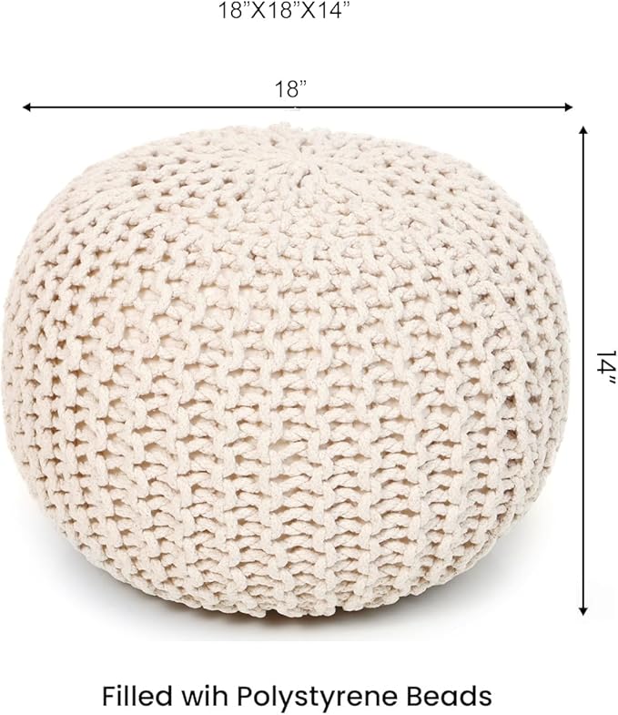 REDEARTH Round Pouf Ottoman –18"x18"x14" Hand-Knitted Cotton Pouffe –Cable Footstool –Boho Dori Hassock –Pre-Stuffed Poof – Extra Seat -Poofy Footrest for Living Room, Bedroom, Nursery, Nook –Ivory - Bloomnest