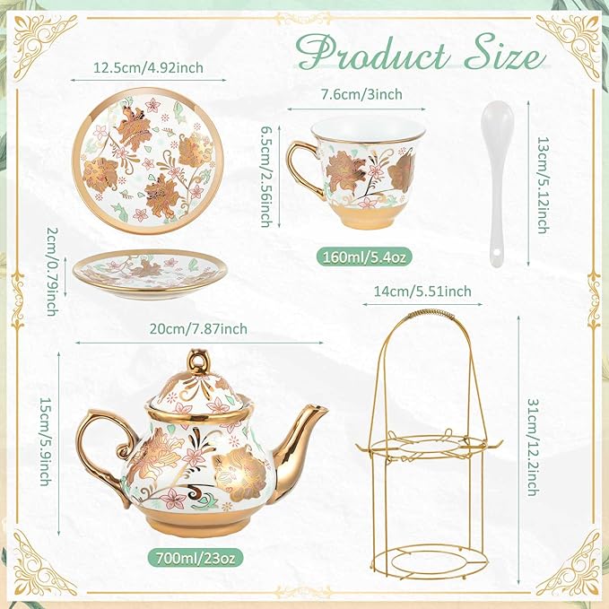 Zhehao 20 Pcs Porcelain Tea Set with Metal Holder and Spoon Adult Ceramic Tea Set European Flower Painting Teapot Cup Saucer Spoon for Women, Large Version(Elegant Style) - Bloomnest