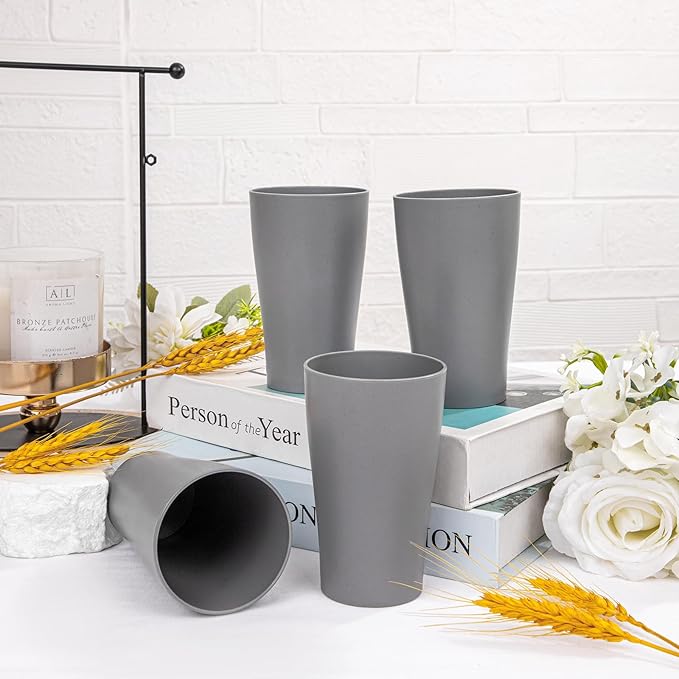 EI 8pcs Dark Grey Wheat Straw Cups,Unbreakable Plastic Reusable Cups,Plastic Tumbler Cups for Kitchen,Dishwasher Safe Water Glasses for Water, Coffee, Juice, Tea - Bloomnest