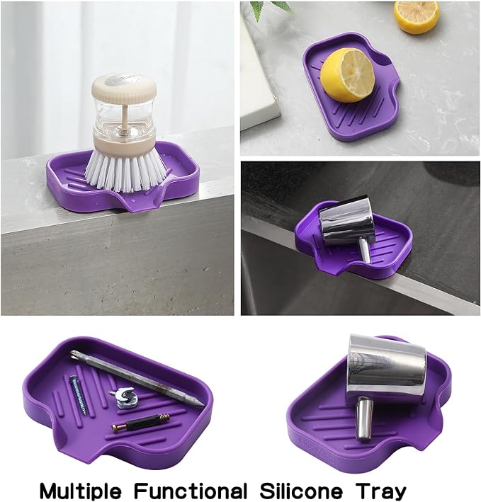Silicone Bathroom Soap Dishes with Drain Spout-Bathroom and Kitchen Sink Organizer,Sponge Holder,Dish Soap Tray,Perfect for Dispenser,Scrubber,Bottle,Cup on Sink or Counter-Purple 4.9"×3.2" - Bloomnest