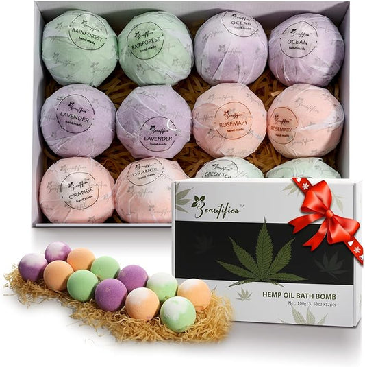 Hemp Oil Bath Bombs Gift Set Natural Refreshing Bubble Bath Kit with 6 Relaxing Scents Made from Pure Essential Oil for Bubble and Spa Bath, Birthday Mother's Valentine's Day Gifts - Bloomnest