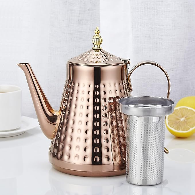 SANQIAHOME 1.6L(54oz) Stainless Steel Hammer Patterned Teapot With Removeable Infuser,Loose leaf cover,Copper - Bloomnest