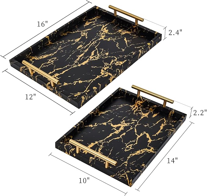 Modern Decorative Tray Set of 2 - Black and Gold Marble Wood Serving Tray with Gold Polished Metal Handles for Ottoman, Coffee Table, and More - Bloomnest