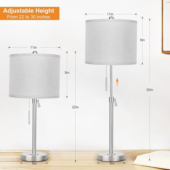 Brushed Nickel Table Lamps Set of 2: 22" to 30" Height Adjustable Nightstand Lamps with Grey Linen Shade Pull Chain Switch Silver Pole Beside Lamp for Living Room Bedroom (Brushed Nickel,Grey Shade) - Bloomnest