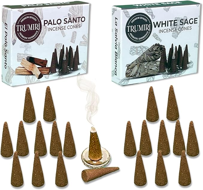 TRUMIRI Incense Cones - Combo Pack of 20 Cone Incense - 10 Palo Santo + 10 White Sage - Insence Cones - Incense Cones Scented - Cone Incense Scents - Insense Cones - Incent Cone TRUMIRI