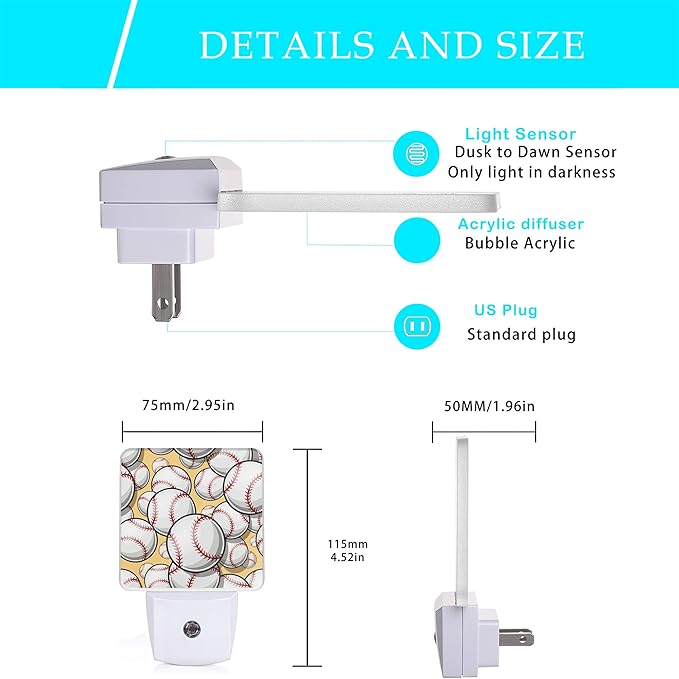 Ball Night Light,Baseball Softball Plug-in Night Lights with Dusk-to-Dawn Sensor for Bedroom, Bathroom and Living Room 0.5W Sleep Friendly Ideal for Women/Girls/Boys Gift - Bloomnest
