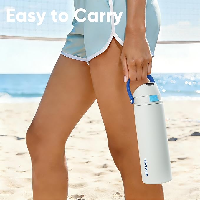 Insulated Water Bottle with Straw - Encool Stainless Steel Water Bottle with Push Button Lid, Leak-Proof & BPA-Free, Keeps Cold for 24 Hours for Sports, Travel, Gym (32 oz, Quill Grey-Blue) ENCOOL