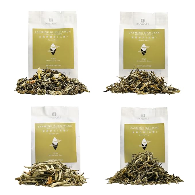 iTeaworld Jasmine Green Tea Loose Leaf Samplers Set, With Different Flowery Aromas, No Sweetener, Sweet After Taste, 4 Different Grades of Jasmine Tea Loose Leaf, 16 Pack/56g - Bloomnest