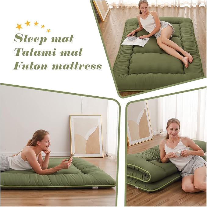 Japanese Floor Mattress, Futon Mattress with Portable Storage Bag and Washable Cover, Roll Up Thick Tatami Mat Suitable for Camping, Guest Room, Green, Queen - Bloomnest
