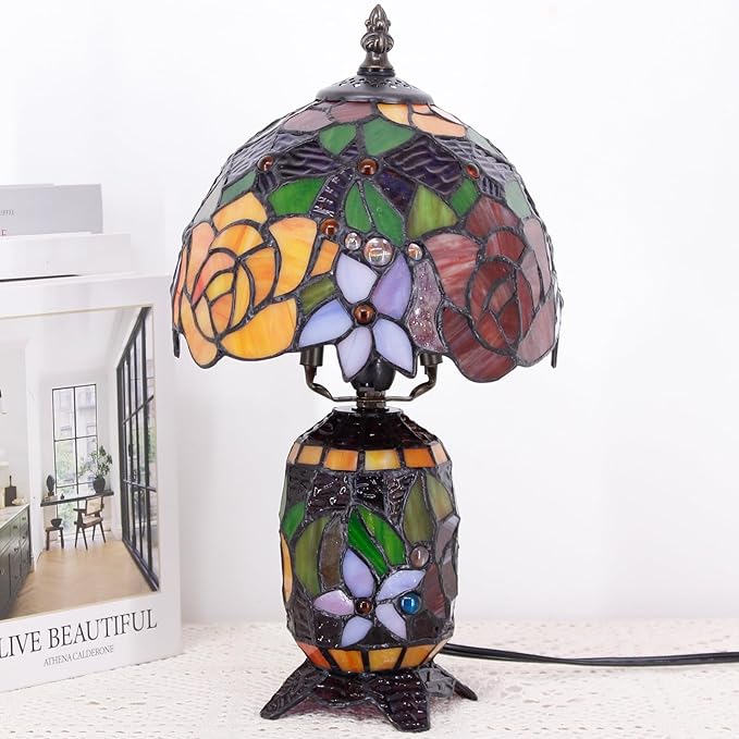 Small Tiffany Lamp Stained Glass Table Lamp Mini Mother Daughter Vase Desk Accent Night Light for Bedroom Bedside Reading Home Antique Style 8X14 Inches (Red Yellow) - Bloomnest