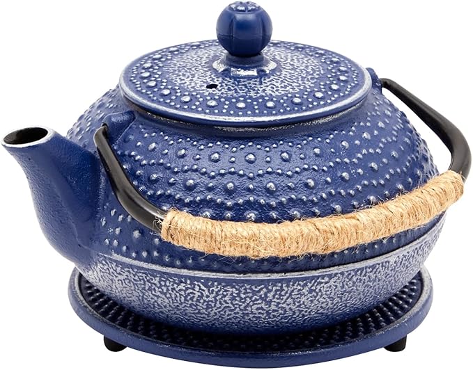 Juvale Cast Iron Teapot with Infuser - Blue, 27 oz (800 mL) - Stovetop Tea Kettle for Loose Leaf Tea - Includes Stainless Steel Infuser & Trivet - Bloomnest
