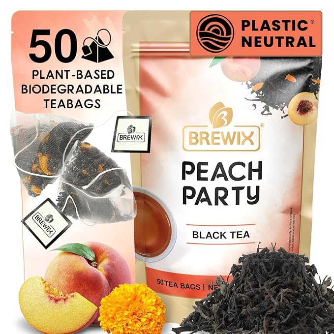 BREWIX, Peach Black Tea (50 Plant Based Pyramid Bags) | Premium Black Tea with Peach | Floral & Refreshing | Iced or Hot | Caffeinated And Sugar-Free - Bloomnest