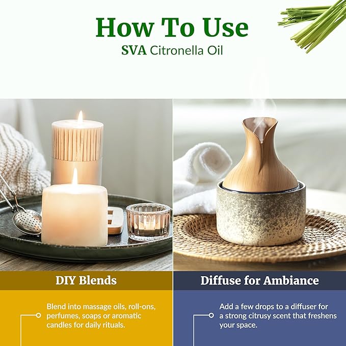 SVA Citronella Essential Oil – 4 Fl Oz – 100% Natural Citronella Oil - for Diffuser, Hair Care, Face, Skin Care, Aromatherapy, Scalp and Body Massage, Soap and Candle Making - with Dropper - Bloomnest