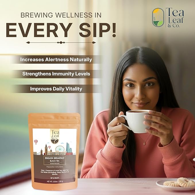 Tealeaf & Co. English Breakfast Black Tea - English Breakfast Tea in Loose Leaf Form - Contains Low Caffeine - Upto 50 Servings - Gluten Free (3.52oz/100gm) - Bloomnest