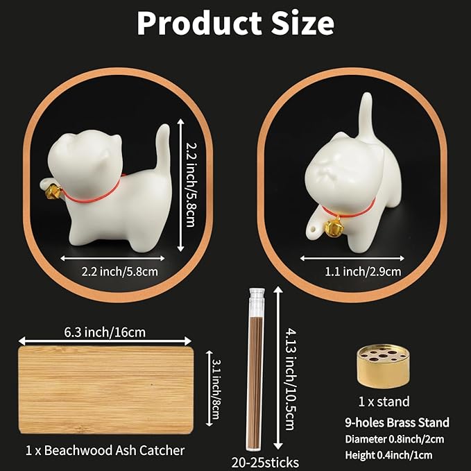Upgraded Package Incense Holder Handmade Ceramic Cat, Incense-Stick Holder with Sticks, Bamboo Mat and Brass Incense Stand, Cute Cat Insence Burner Holder for Meditation Yoga Massage Home Decor Gift - Bloomnest