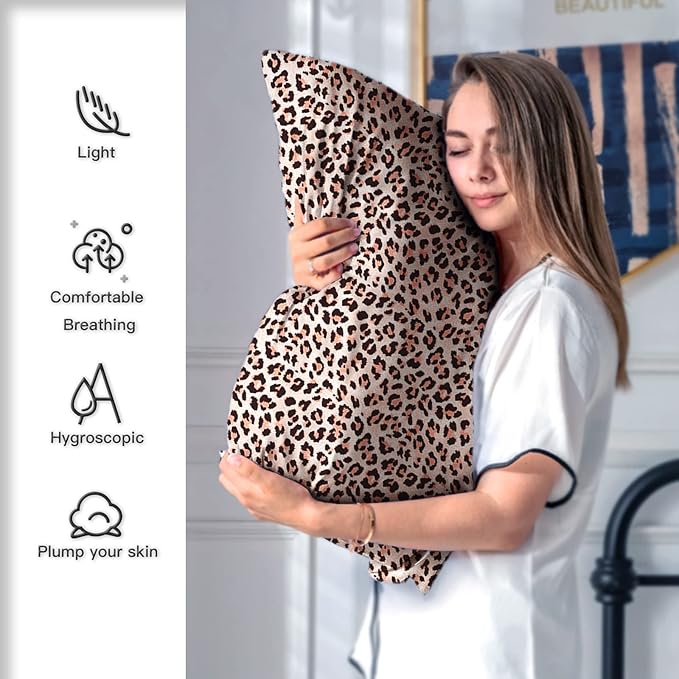 Mulberry Silk Pillowcase for Hair and Skin Standard Size Leopard Print Silk Pillow Cases with Zipper Soft Breathable Smooth Cooling Silk Pillow Covers for Sleeping (Taupe Leopard, 20"X 26",1Pcs) - Bloomnest